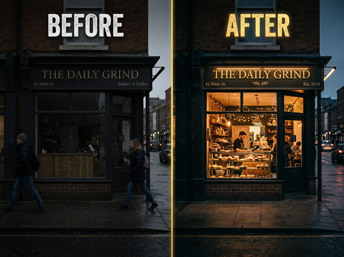 Before and after of a business photo transformed